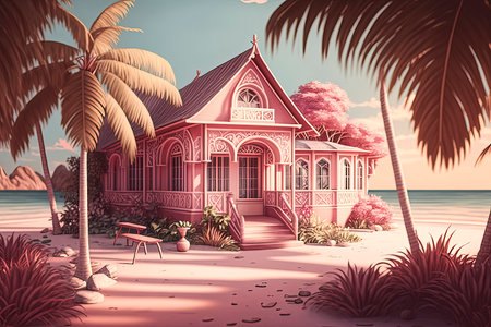 Tropical house on the beach at sunset. 3d renderingの素材
