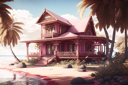 Wooden house on the beach with palm trees. 3d renderの素材
