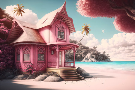 Pink house on a tropical island. 3d rendering toned imageの素材