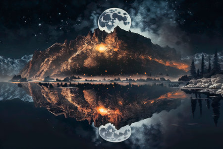 Mystical landscape with mountains and moon.の素材