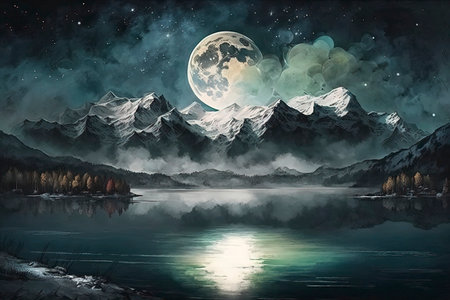 Fantasy landscape with lake, mountains and moon. Digital painting.の素材