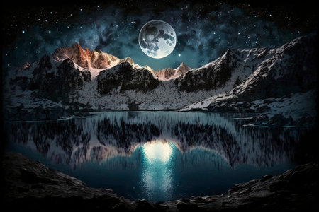 Fantasy landscape with mountains, lake and moon in the night skyの素材