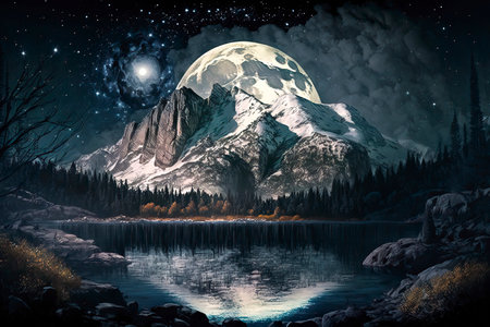Fantasy landscape with lake, mountains and moon in the night skyの素材