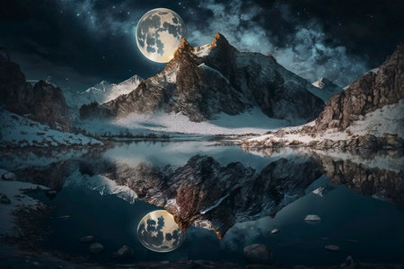 Fantasy landscape with mountain lake and moon.の素材