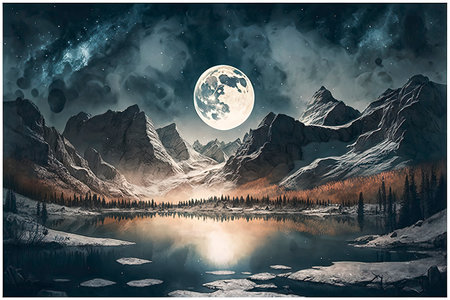 Fantasy landscape with mountains, lake and moon. Digital painting.の素材