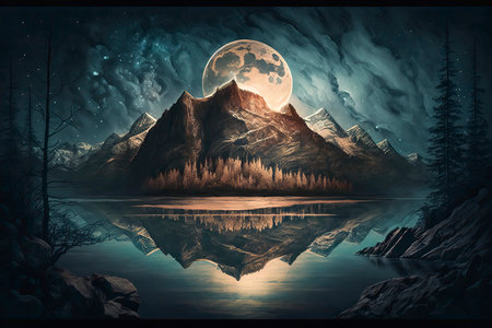Fantasy landscape with mountain lake and full moon. Collage.の素材