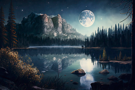 Fantasy landscape with lake and mountains in the moonlight at nightの素材