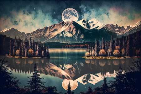 Mountains and lake in the forest at night. Collage.の素材