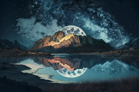Fantasy landscape with mountain lake and moon at night. Collage.の素材