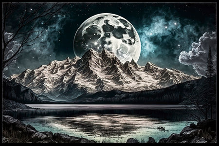 Fantasy landscape with mountains, lake and the moon in the skyの素材