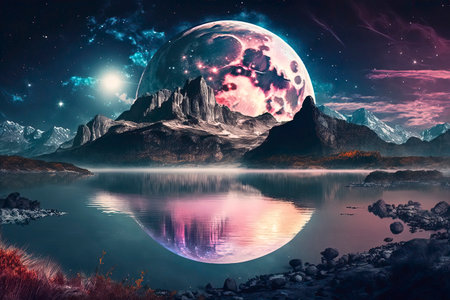 Fantasy landscape with planet and lake.の素材