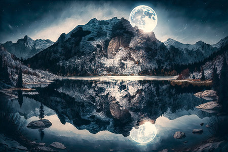 Mountain lake at night in the moonlight. Landscape photographyの素材