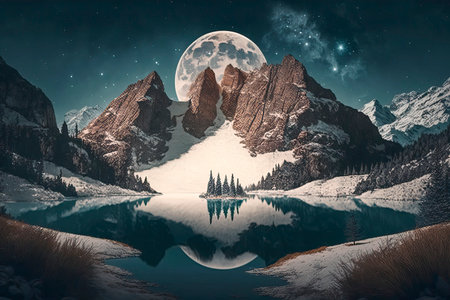 Fantasy landscape with mountains and lake in the moonlight. Mixed mediaの素材