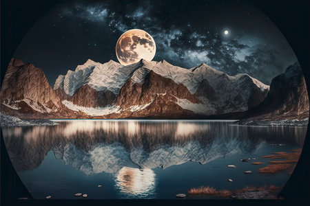 Mountain lake at night with moon and stars. 3D renderingの素材
