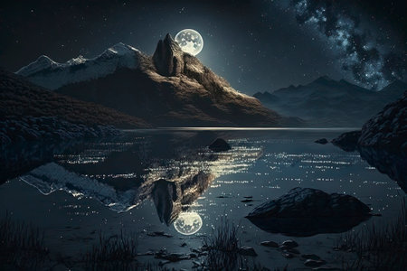 Fantasy landscape with mountains, lake and moon. 3D renderingの素材