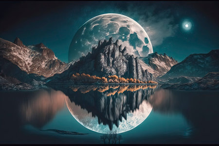 Fantasy landscape. Mountain lake and moon. 3D illustration.の素材