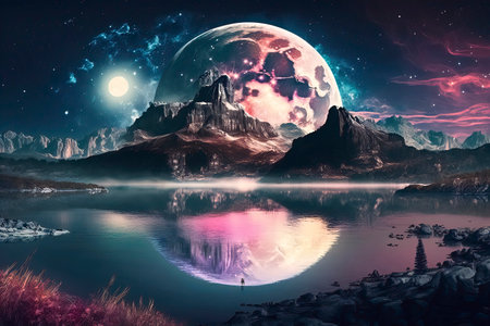 Fantasy landscape with mountains, lake and moon.の素材