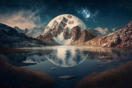 Fantasy landscape with mountain lake and moon.の素材