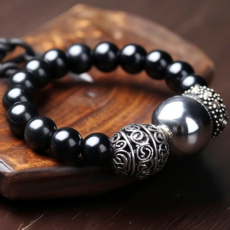 Bracelet made of black beads on a wooden board closeupの素材
