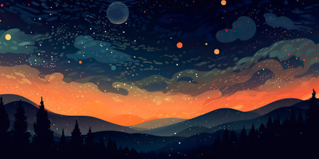 Night landscape with mountains, moon and stars. Vector illustration. Eps 10の素材
