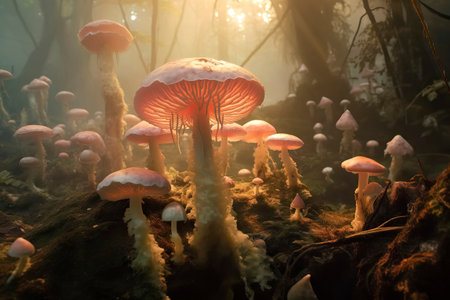 Mushrooms in the rain forest in the morning, Thailand.の素材