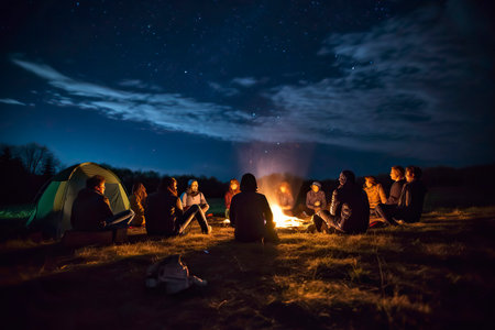 Group of friends camping and sitting around campfire at night. Camping conceptの素材