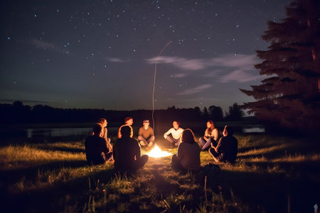 A group of friends are sitting near a campfire at night.の素材