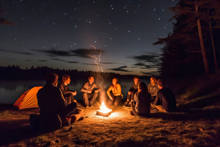 Group of friends sitting around bonfire in forest at night. Camping conceptの素材