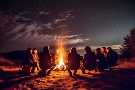 Group of friends sitting near bonfire in winter forest at night.の素材