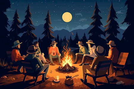 Camping in the forest at night. Vector illustration in cartoon styleの素材