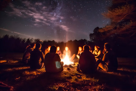 Group of friends sitting around campfire and looking at night starry skyの素材