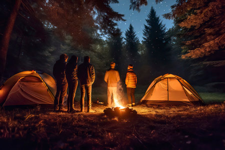 Group of friends camping in the forest at night. Hiking conceptの素材