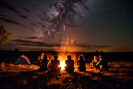 Group of friends sitting near campfire at night with Milky Way and stars.の素材
