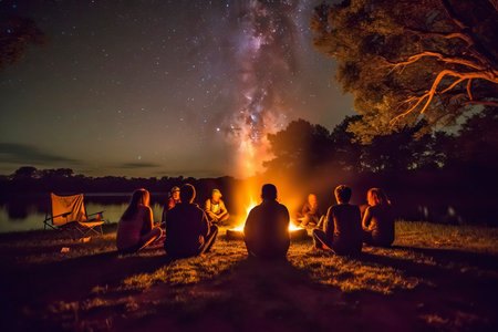 Group of friends sitting around campfire at night and enjoying beautiful view of Milky Wayの素材