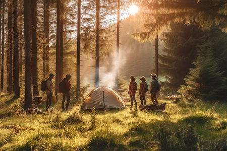Group of friends camping in the forest at sunset. Travel and active lifestyle concept.の素材