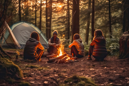 Three friends sitting around a campfire in the forest at sunset.の素材