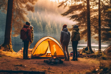 Camping on the shore of a lake in the mountains. Tourists near the tent.の素材