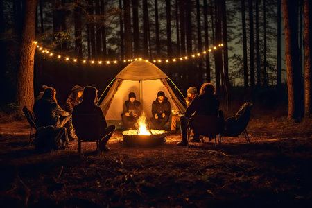 Group of friends camping in the forest at night. Camping concept.の素材