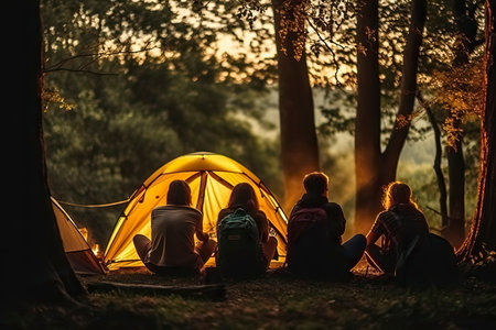 Back view of group of friends sitting near camping tent in forest at sunsetの素材