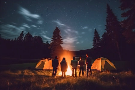 Back view of group of friends camping in the forest at night.の素材