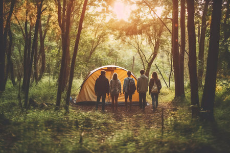 Group of friends camping in the forest. People travel and camping concept.の素材