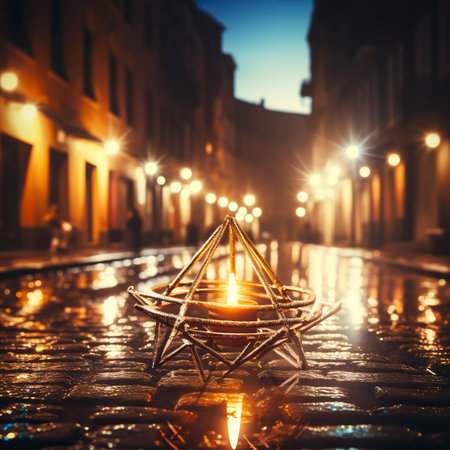 A bustling Hanukkah festival Celebration scene at Night  A Jewish festivalの素材