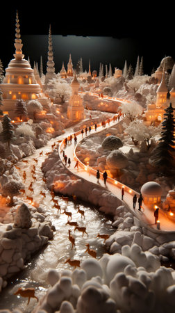 A bustling Hanukkah festival Celebration scene at Night in a snow covered forest  A Jewish festivalの素材