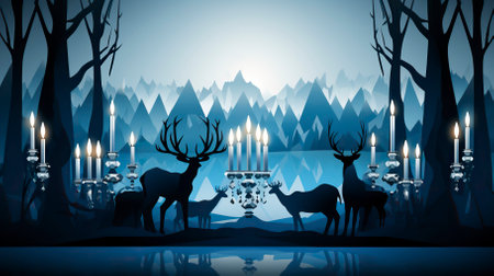 A bustling Hanukkah festival Celebration scene at Night in a snow covered forest  A Jewish festivalの素材