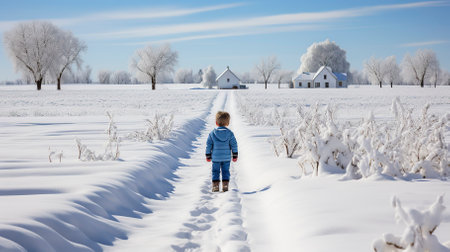 Scarecrow standing in a snow-covered field in daylightの素材