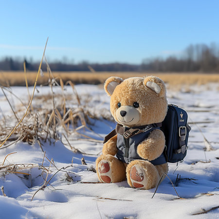 Scarecrow standing in a snow-covered field in daylightの素材