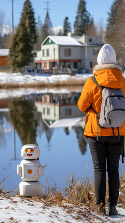 Scarecrow standing in a snow-covered field in daylightの素材