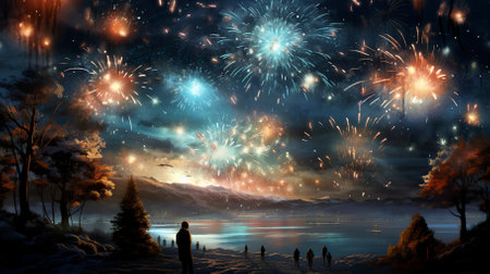 A New Years fireworks display ,Fireworks at Night ,Colorful fireworkの素材
