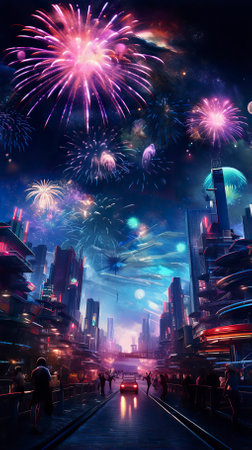A New Years fireworks display ,Fireworks at Night ,Colorful fireworkの素材