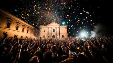 A glittering cityscape on New Years Eve with fireworks, Fireworks at Night, Colorful fireworkの素材